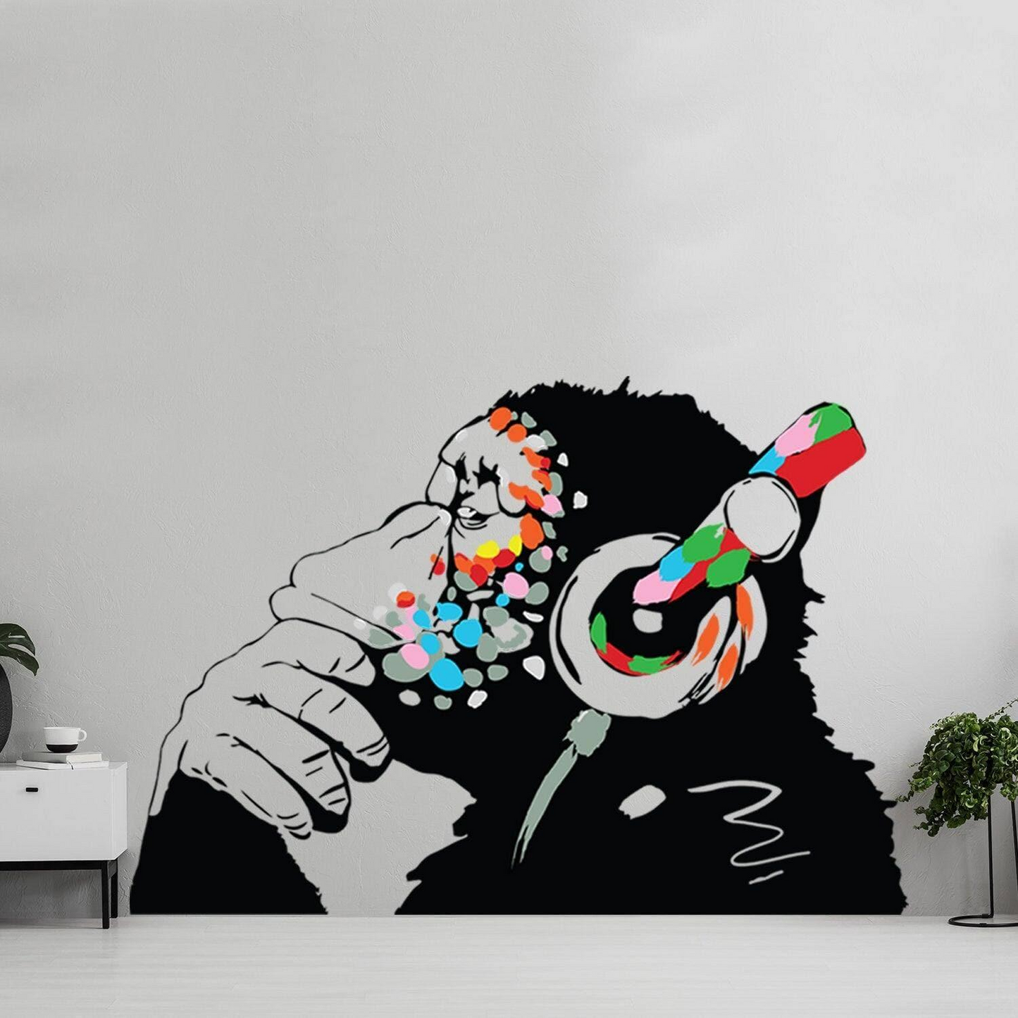 Banksy Thinking Monkey Sticker - Art Vinyl Street Dj Baksy Wall Decal - Headphones Chimp Music Thinker Graffiti Mural - Boy Smart Decals